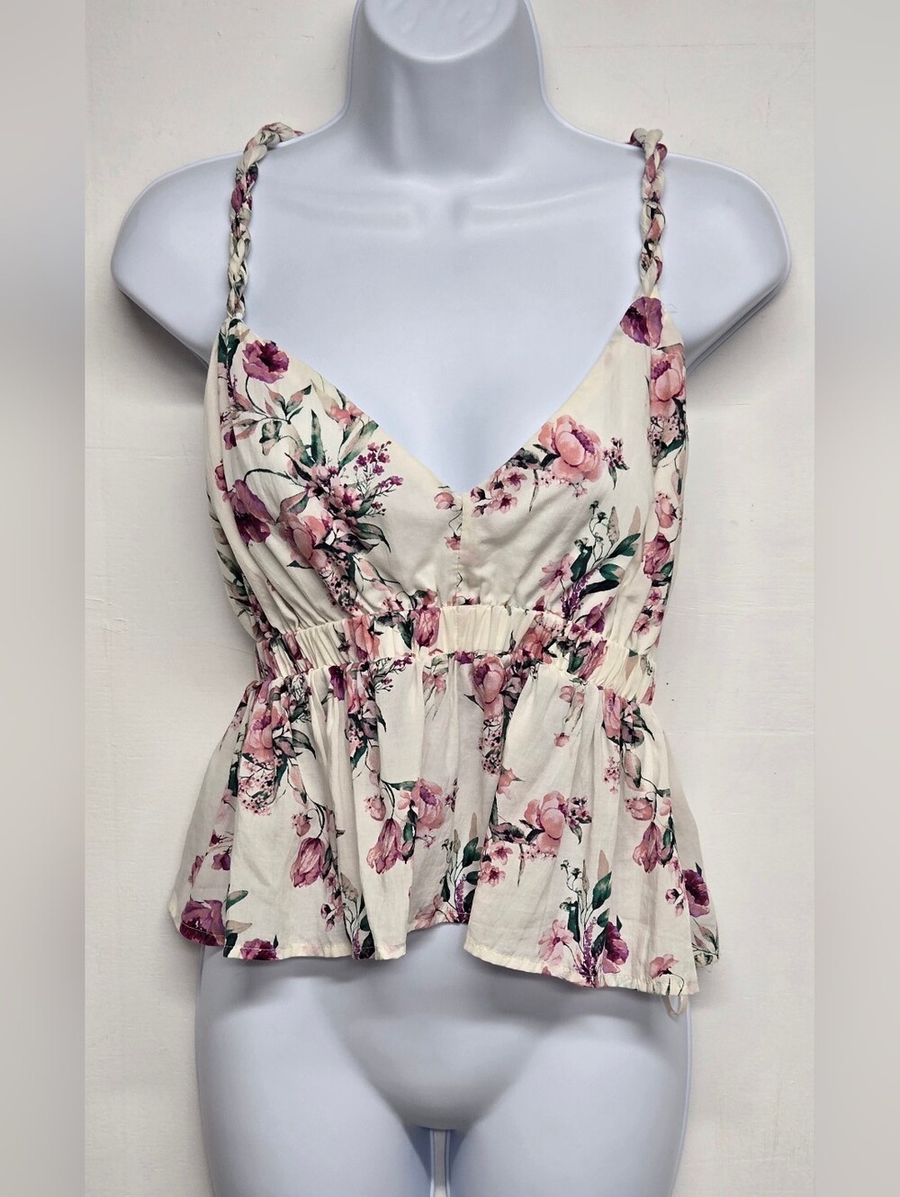 Forever 21 Halter Top Elastic Empire Waist Twisted Rope Straps Floral Backless